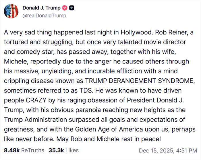 Screenshot of Donald Trump's social media post about Rob Reiner, related to Jimmy Kimmel's response to Trump's hateful comments.
