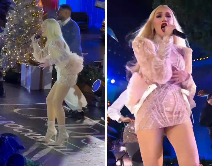 Gwen Stefani in a controversial outfit performing at Rockefeller Tree Lighting event, sparking public outrage over wardrobe choice.