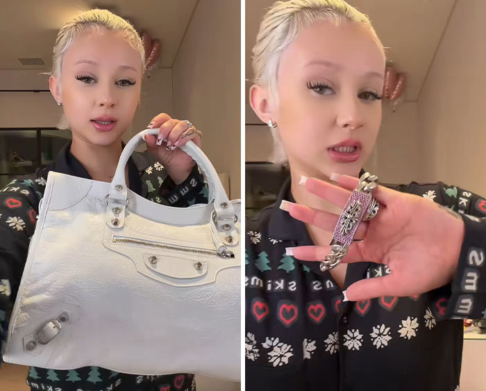 Woman showing a white designer handbag and a silver bracelet in a casual indoor setting, face visible with short blonde hair.