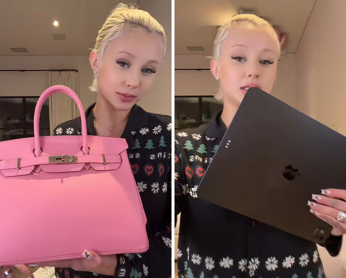 Woman showing a pink handbag and black Apple laptop in a home setting related to Travis Barker intimate gift backlash.