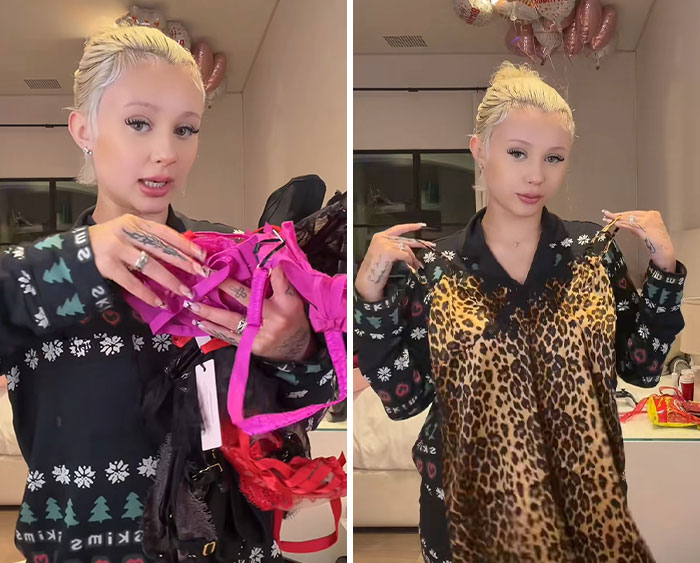 Woman in festive pajamas holding intimate gifts, related to Kourtney Kardashian and Travis Barker backlash story.