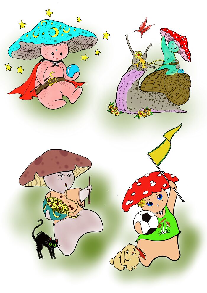 Colorful psychedelic tattoos featuring mushroom characters with whimsical elements including stars, animals, and playful accessories.
