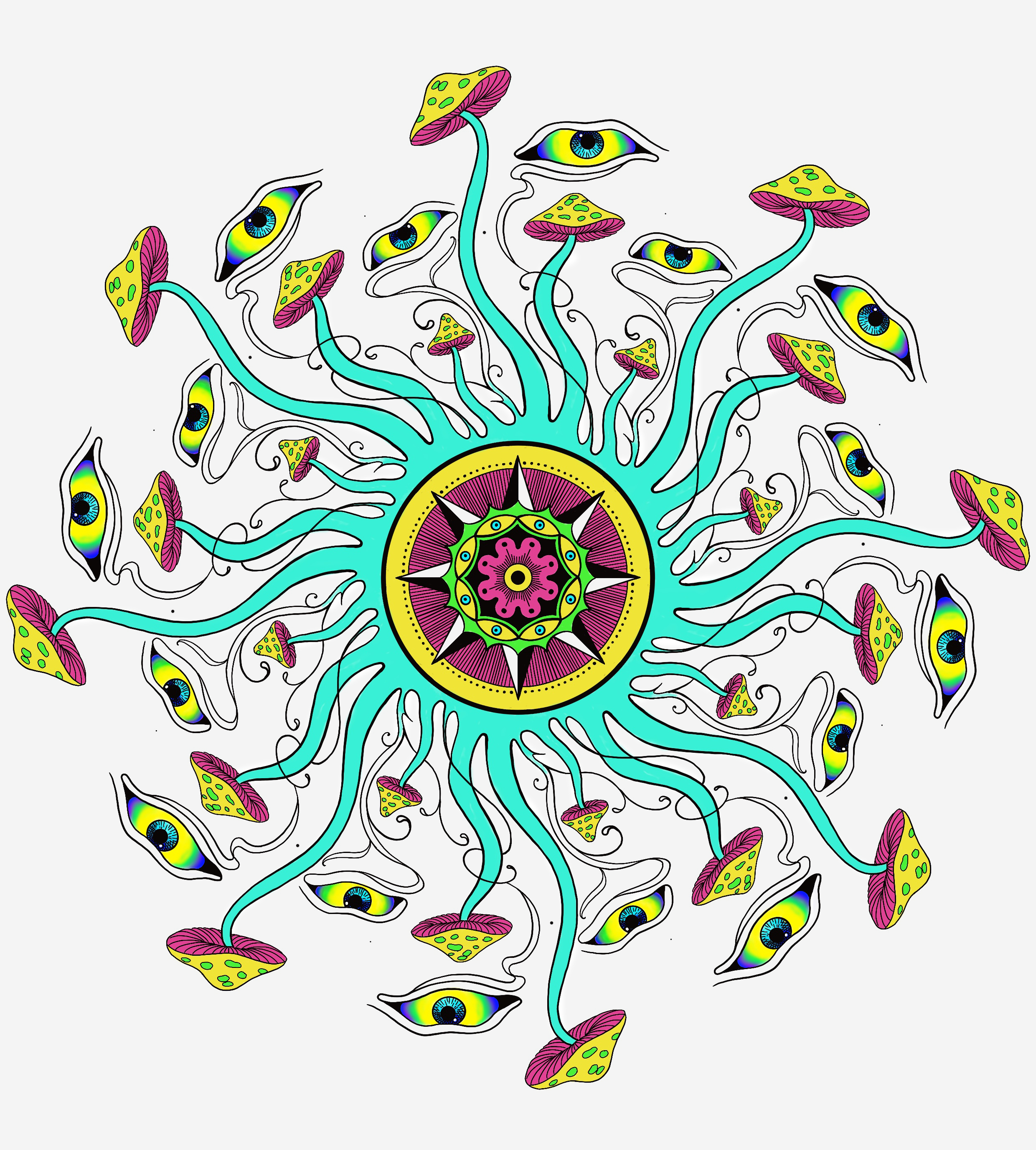 Colorful psychedelic tattoo design featuring eyes and mushrooms arranged in a radiant circular pattern.