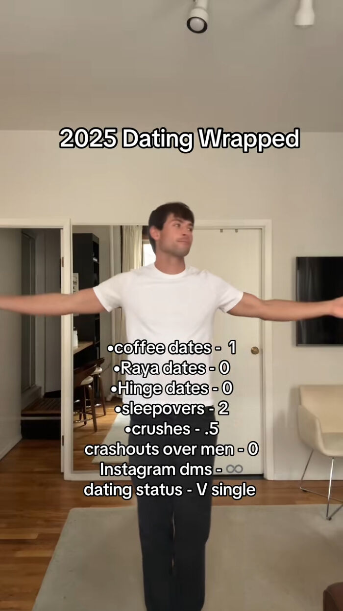 A man in a white shirt sharing a humorous 2025 dating summary with key moments and dating status indoors.
