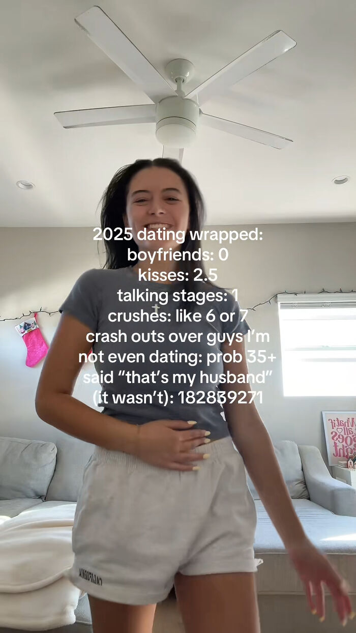 Young woman in casual clothes smiling in a living room with text about dating and 2025 reflections revealing backfired plans.