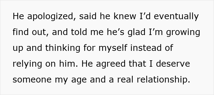 Text excerpt showing a 50YO guy apologizing to his 22YO girlfriend after lying about his age in a relationship.