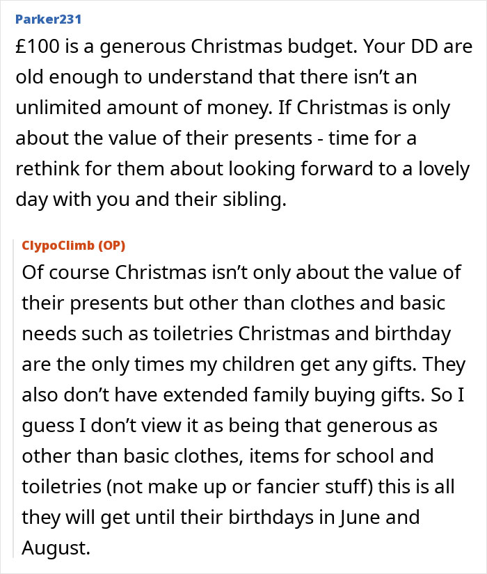 Screenshot of a forum discussion about a man promising to contribute $400 per kid for Christmas then changing his mind.