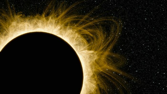 Solar eclipse with bright glowing corona and swirling plasma loops against a starry space background, depicting life facts.