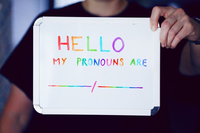 Person holding a whiteboard with colorful text saying hello my pronouns are and a blank space symbolizing transgender baby discussion online.