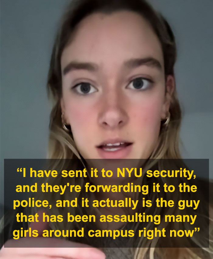 Young woman discussing viral video that exposed serial creep involved in NYU shove incident and campus assaults.