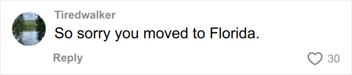Comment from user expressing regret about moving to Florida, highlighting culture shock in relocation from Canada.
