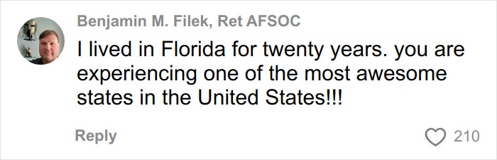 Comment about living in Florida for twenty years, highlighting it as one of the most awesome states in the US.