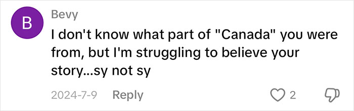 Commenter Bevy responding skeptically to a story about moving from Canada to Florida and culture shocks.