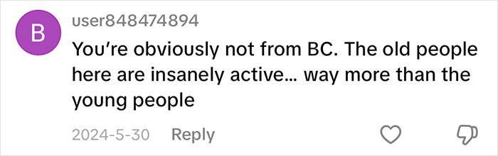 Screenshot of an online comment discussing active seniors in British Columbia, relating to culture shocks after moving to Florida.