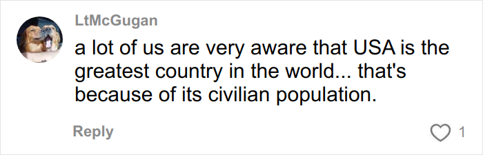 Social media comment discussing opinions on USA's civilian population in context of culture shocks after moving to Florida from Canada.