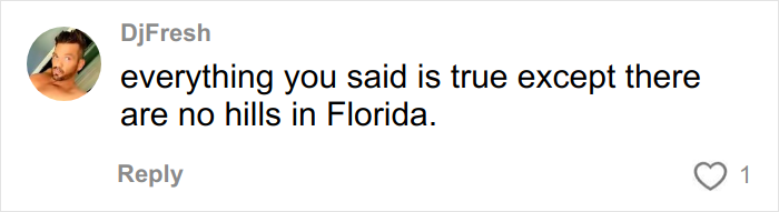 Comment from user DjFresh mentioning Florida&rsquo;s lack of hills, relating to culture shocks after moving from Canada.