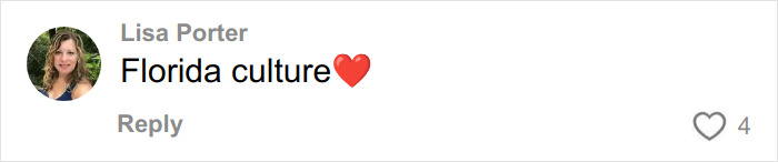 Comment from Lisa Porter mentioning Florida culture with a red heart emoji, highlighting culture shocks after moving from Canada.