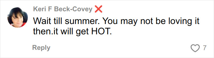 Screenshot of a social media comment discussing weather, related to culture shocks after moving to Florida from Canada.