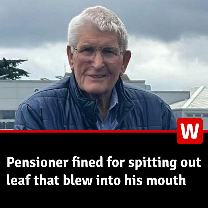 Elderly man pictured with local newspaper headline showing odd news from local newspaper titles collection.