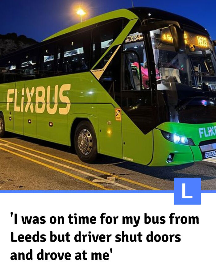 Green FlixBus parked at night, illustrating a local newspaper story about bus driver behavior and travel delays.