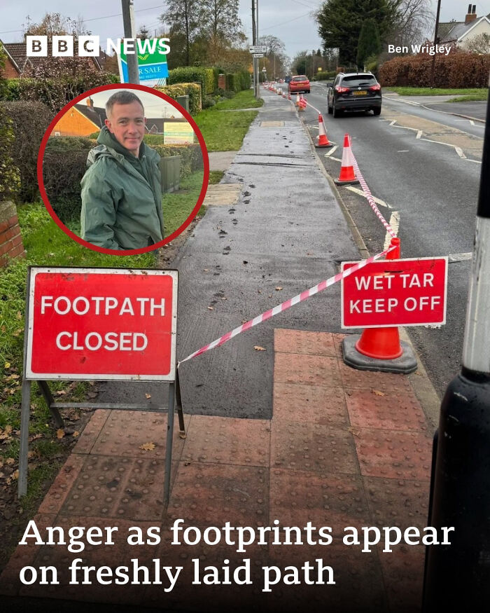 Footpath closed with wet tar signs and footprints on newly laid surface, illustrating local newspaper headlines going mad.