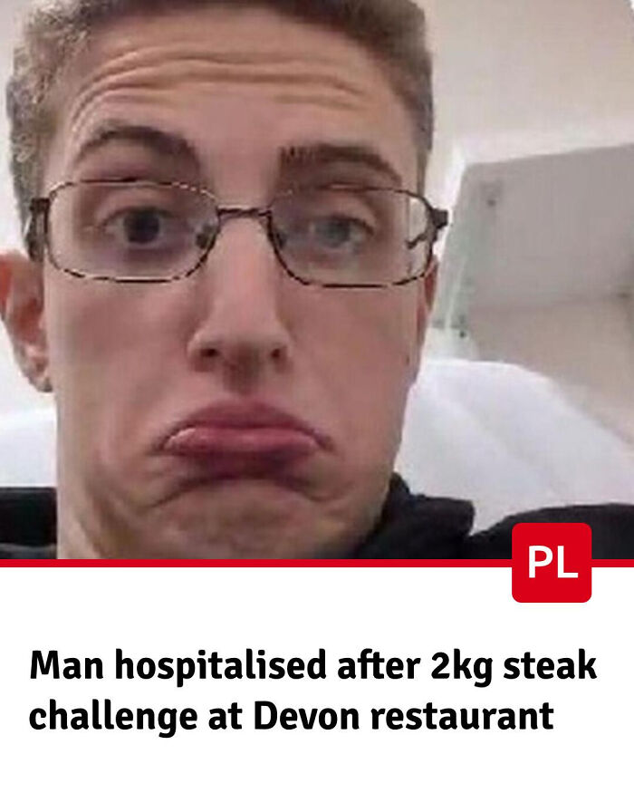 Young man making a funny face after hospitalisation from a 2kg steak challenge in a local newspaper headline.