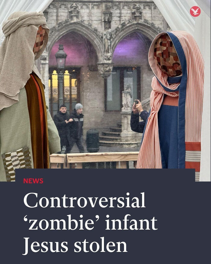 Two cloth-covered figures resembling infants displayed outdoors, illustrating local newspaper headlines about bizarre news.