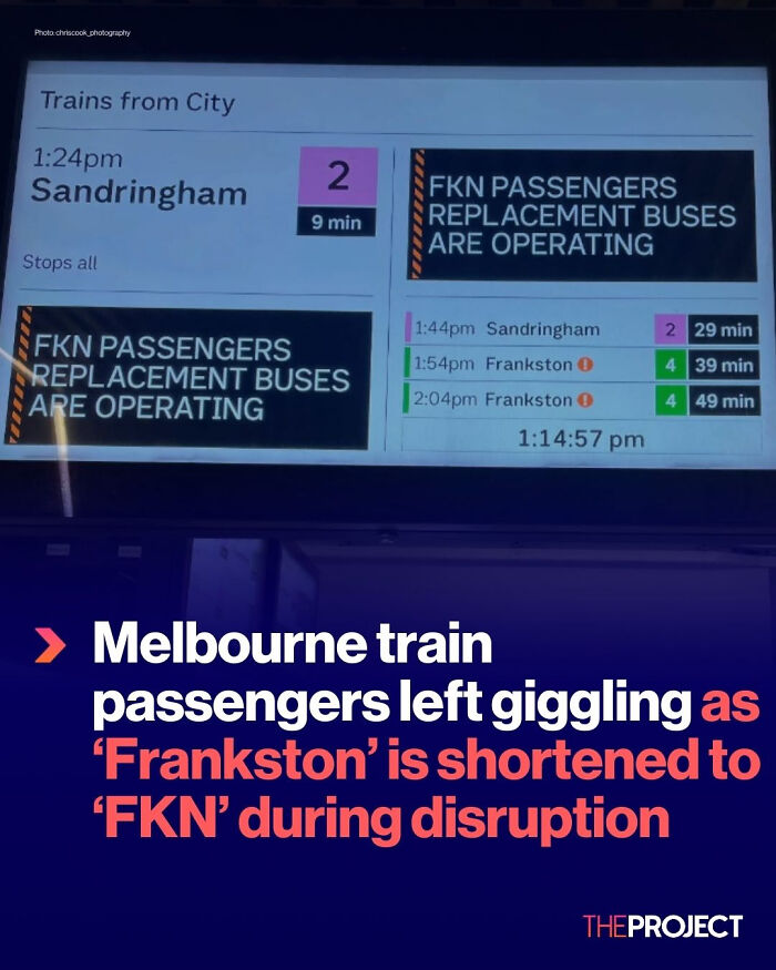 Train disruption sign showing replacement buses with shortened Frankston name as FKN, confusing Melbourne passengers.