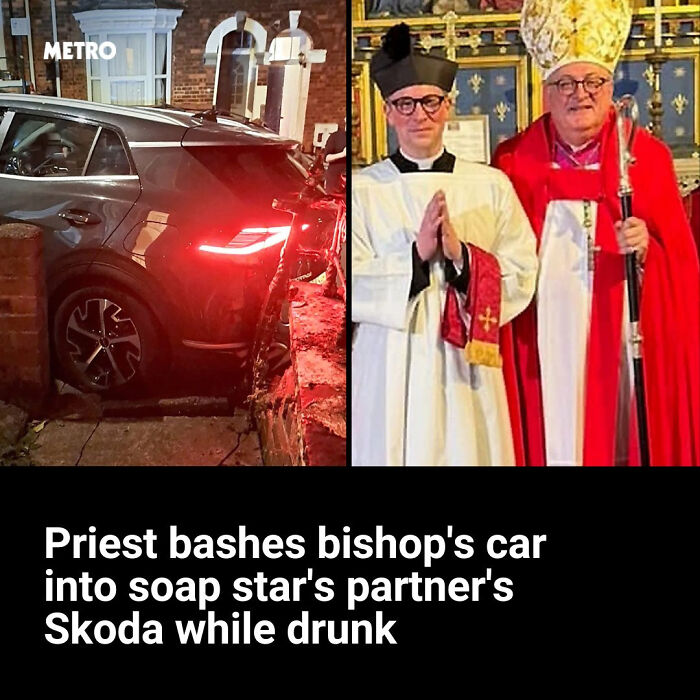 Car crash involving bishop and soap star’s partner pictured with priest and bishop, local newspaper headlines showing world going mad