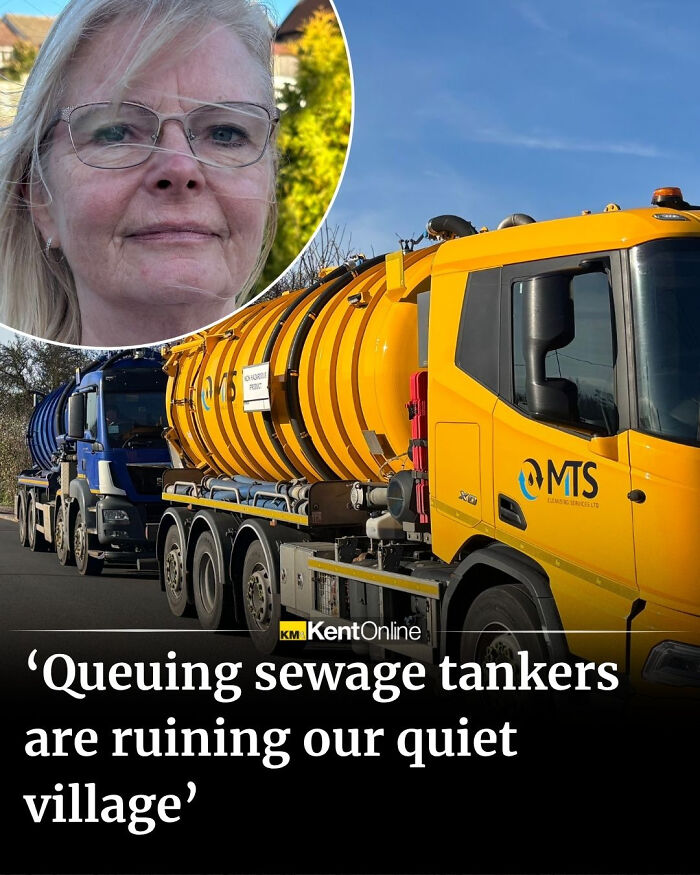 Woman with glasses and yellow sewage tanker truck with blue sky, illustrating local newspaper headlines on weird news.