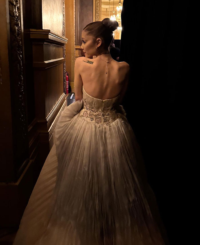 Ariana Grande seen from the back wearing a strapless gown, highlighting her figure amid a reminder about body-shaming issues. Ariana Grande seen from the back wearing a strapless gown, highlighting her figure amid a reminder about body-shaming issues.