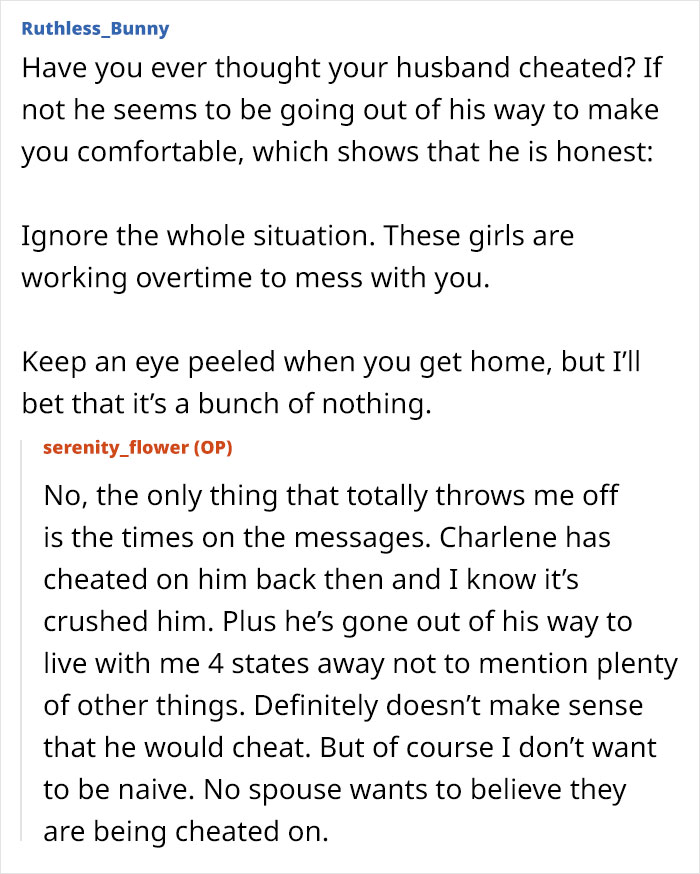 Text conversation about a woman suspecting her husband of cheating and dealing with crazy ex-girlfriends.