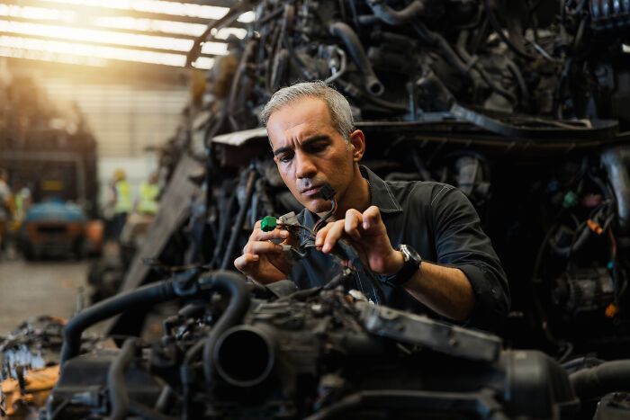 Man focused on repairing complex machinery in an industrial setting, showcasing incredible minds and genius skills without a degree.