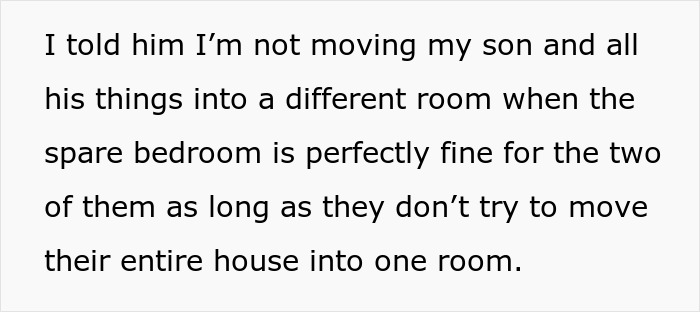 Text excerpt showing a woman confronting her brother and his wife about moving belongings into a spare bedroom. Text excerpt showing a woman confronting her brother and his wife about moving belongings into a spare bedroom.