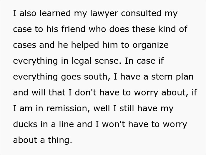 Text about a lawyer consulting a friend to organize legal case plans in case of remission or unexpected outcomes.