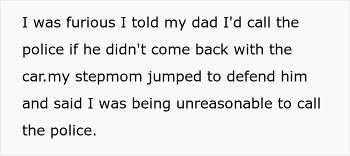 Text excerpt showing a woman furious about her half-brother stealing her car and family conflict over calling the police.