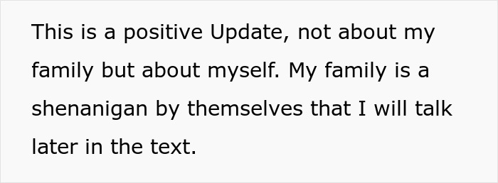 Text on a white background stating a positive update about the person, mentioning their family and a future explanation.