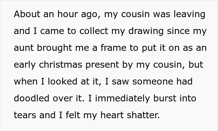 Text excerpt describing a daughter’s reaction after her dad “fixes” her first real drawing, causing emotional distress. Text excerpt describing a daughter’s reaction after her dad “fixes” her first real drawing, causing emotional distress.