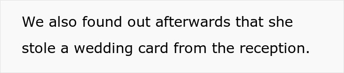 Text excerpt about an uninvited guest stealing a wedding card, highlighting wedding night and bride and groom reaction.