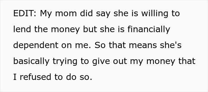Screenshot of edited post saying mom will lend money despite being financially dependent; brother money wife family