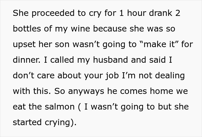Text excerpt showing a wife upset with her husband who won&rsquo;t stand up to his mother over family dinner troubles.