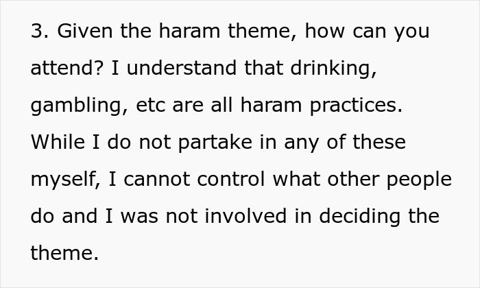 Text excerpt discussing concerns about a haram theme and a Muslim daughter-in-law refusing to wear bikini at bridal party.