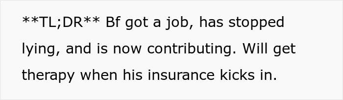 Text message showing update about boyfriend stopping lying and planning to get therapy when insurance starts.