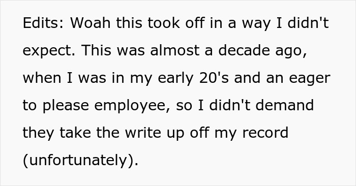 Text excerpt about a manager forcing coffee shop worker to follow rules and the unexpected backfire the next day.