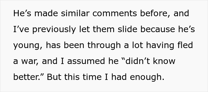 Text excerpt showing a coworker conflicted about reporting inappropriate comments about women staying home to birth babies. Text excerpt showing a coworker conflicted about reporting inappropriate comments about women staying home to birth babies.