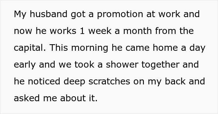 Text about husband noticing deep scratches on wife's back, highlighting trust issues and desire to install home CCTV.