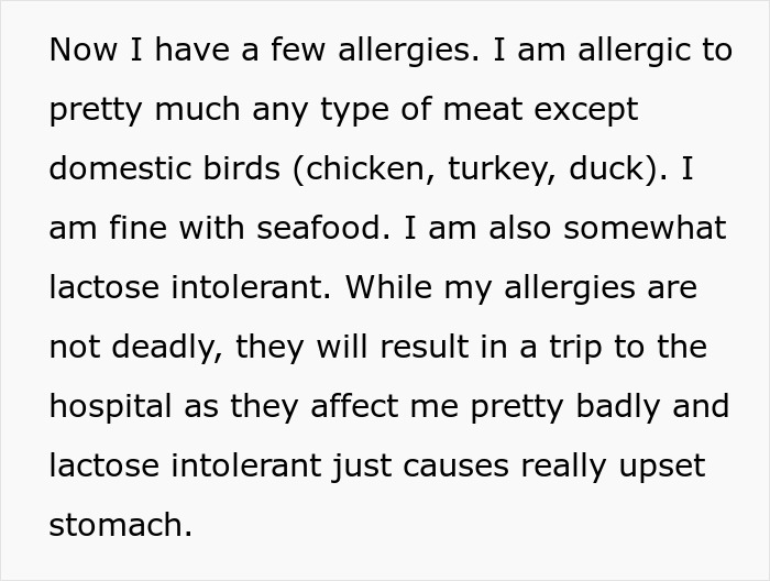 Text describing a husband and family dealing with a woman who is a picky eater due to allergies and lactose intolerance.