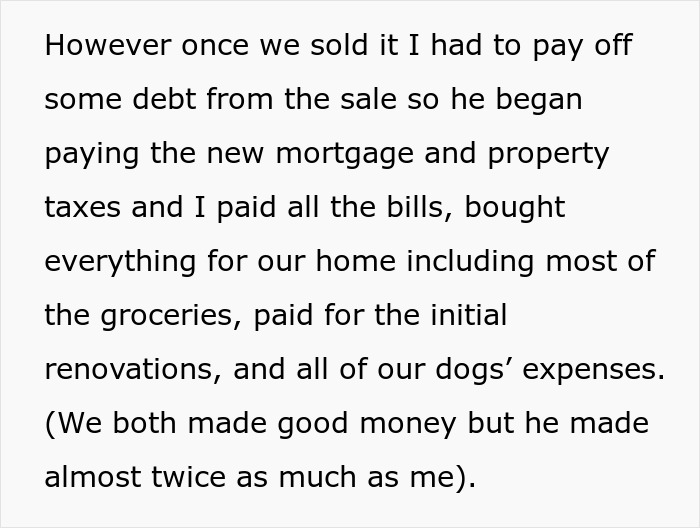 Text excerpt showing a woman&rsquo;s experience with finances and responsibilities after regretting a divorce and reality check.
