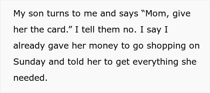 Text excerpt showing a mom accused of embarrassing her son&rsquo;s girlfriend who offered to cook meals for them.