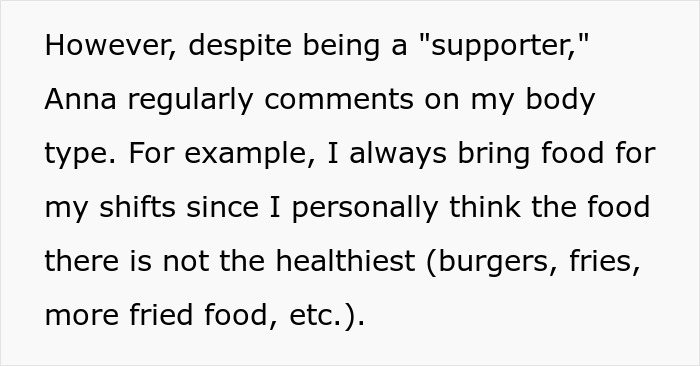 Text excerpt showing a woman fed up with coworker preaching body positivity while skinny-shaming at work.